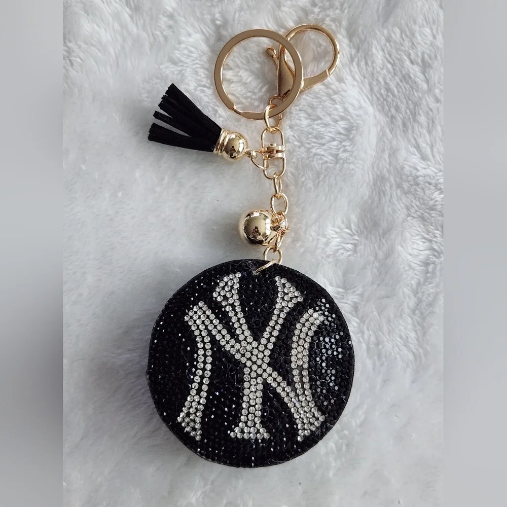 NY Yankees Black and Silver Rhinestone Keychain with Tassel Bag Charm